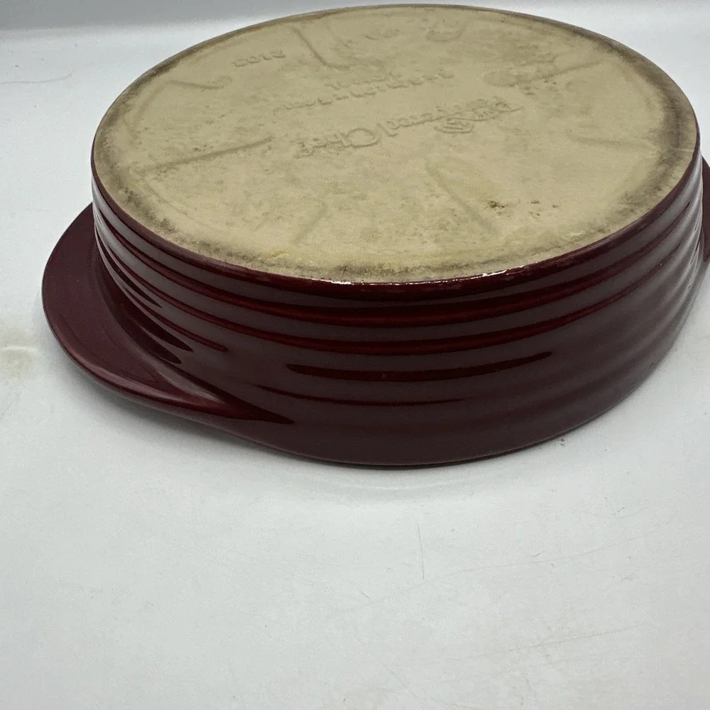 Pampered Chef Family Heritage Round Stoneware Baker Red Unglazed Holiday Dish 8